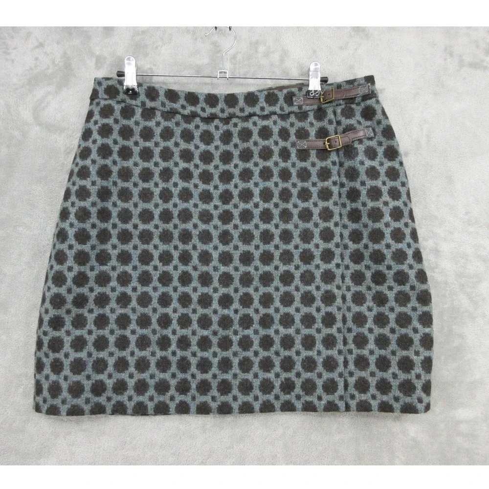 Boden Skirt Womens Size 12 Wool Wrap Buckle Mini Polka Dot Preppy Academia Grey